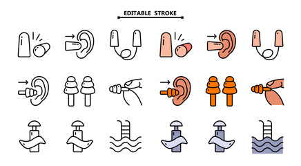 Earplugs icons set color vector. Editable stroke. Anti-noise device. Earplugs protection