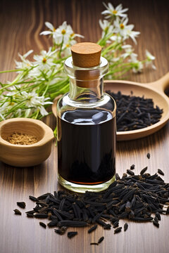 of black cumin essential oil on a wooden background