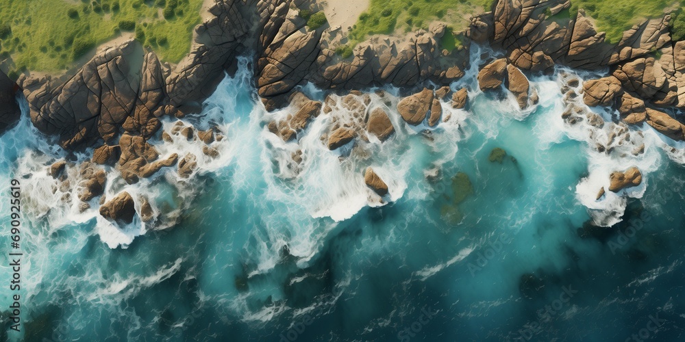 Wall mural Aerial view of sea and rocks ocean blue waves crash to shore