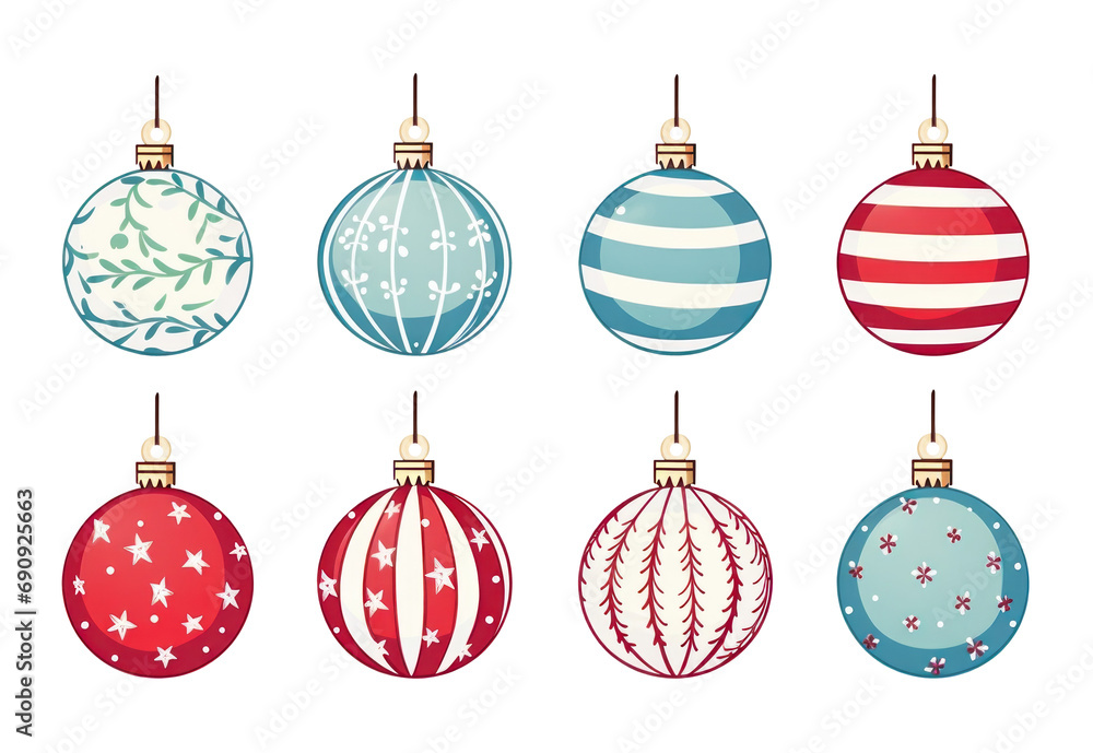 Poster Set of colorful Christmas baubles with various patterns on a transparent background. Generative AI