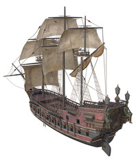 Naklejka premium Pirate ship 3d model in wood with billowing sails