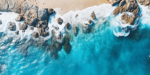 Aerial view of sea and rocks ocean blue waves crash to shore - obrazy, fototapety, plakaty