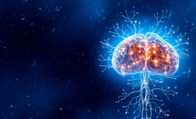Electrical activity in the human brain on a dark blue background. Brain function concept