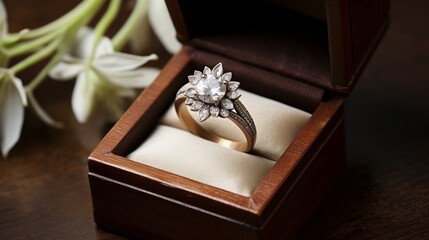 a vintage-style ring in an earthy brown ring box, infusing old-world charm into a modern white setting.