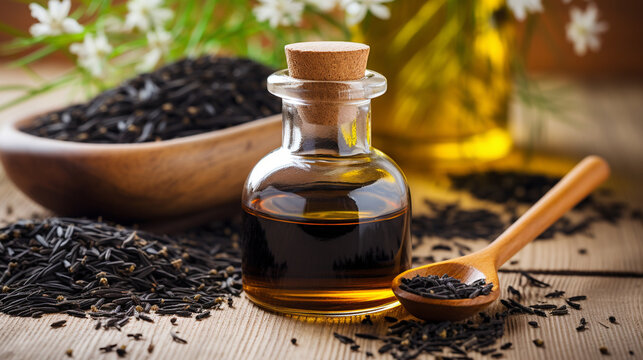 of black cumin essential oil on a wooden background