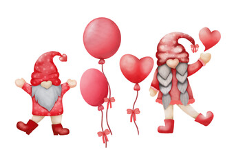 Collection of cute cartoon gnomes with gifts and flowers for valentine's day and mother's day