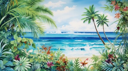 Fototapeta na wymiar a visually captivating canvas that seamlessly combines the vibrancy of tropical greens and the tranquility of ocean blues.