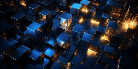 background bright abstract dark blue and gold design glowing lights, metal squares, rectangles geometric surface, intersecting planes, blocky, 3d