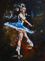 Oil painting of a ballerina in a blue dress circling in a dance © Yurii
