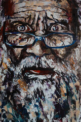 Abstract portrait of a frightened old man. Modern portrait of a surprised grandfather in glasses painted with oil paint