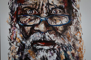 Abstract portrait of a frightened old man. Modern portrait of a surprised grandfather in glasses painted with oil paint