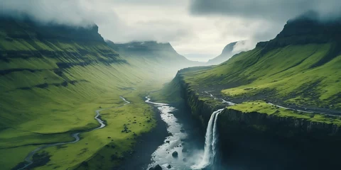 Papier Peint photo autocollant Kirkjufell Iceland Landscape With Waterfall From drone