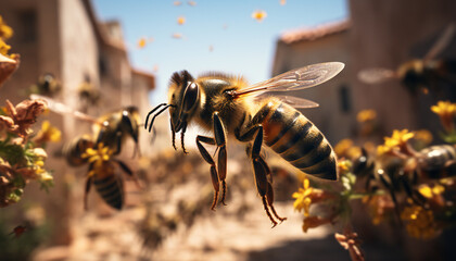 Macro recreation of a bee flying. Artificial Intelligence - obrazy, fototapety, plakaty