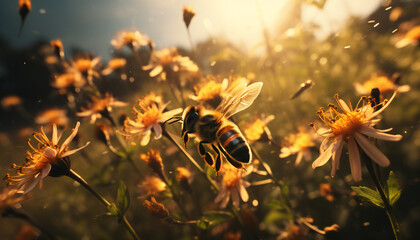 Recreation of bee between flowers at sunset. Artificial Intelligence - obrazy, fototapety, plakaty