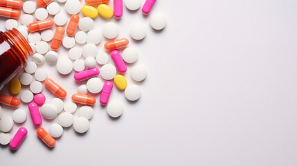 Pills and capsules are scattered on the white table. View from above