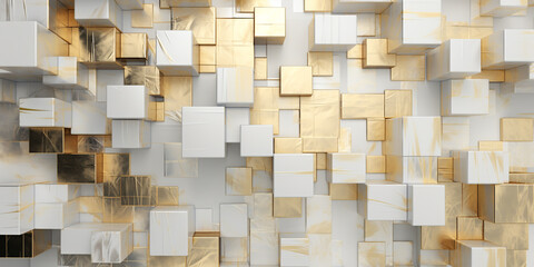 Background wall of abstract block squares white and gold design, light silver metal squares with gold, intersecting planes, 3D