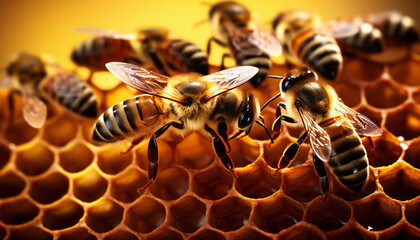 Recreation of bees in a comb of a beehive	 - obrazy, fototapety, plakaty