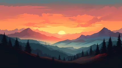 Papier Peint photo Orange A landscape of mountains and trees with a sunset in the background and a hazy sky above them with a silhouette of a forest