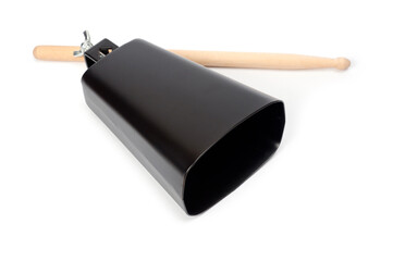 Cowbell percussion musical instrument, black metal with a wooden stick.