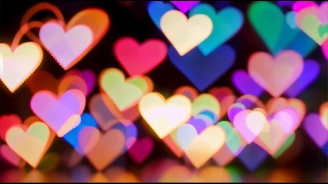 A romantic background of multicolored, heart-shaped bokeh lights, with warm hues enhancing the sense of love and happiness