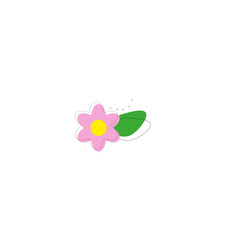 Simple vector of a pink and yellow daisy with a branch and green leaves. - 690930203