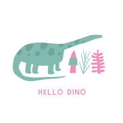 Cute dinosaur postcard with funny hand drawn doodle dino, plants, diplodocus. Jurassic era cover, template, banner, poster, print. Extinct animal background for kids