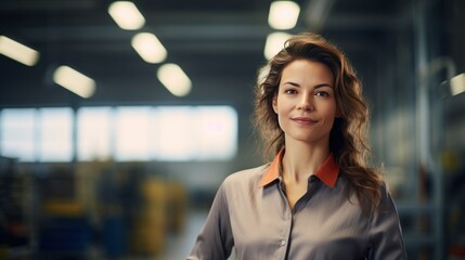 Obraz premium confident woman in factory storehouse 