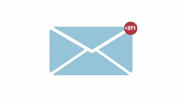 Animation of isolated mail inbox notification on white background. Notifications counting to +999 in the upper right corner of the flat 2D mail icon.  