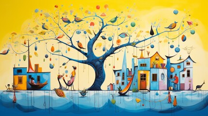a whimsical scene with a mix of bright yellows, magentas, and blues, invoking feelings of cheerfulness and playfulness.