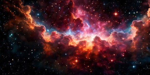 Colorful cosmic nebula veiled in space dust, a celestial spectacle. Fantastic space nebula with glowing cosmic clouds on black background. Universe, stars and galaxies clusters of fantastic worlds - obrazy, fototapety, plakaty