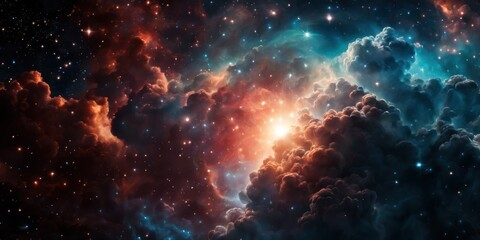 Colorful cosmic nebula veiled in space dust, a celestial spectacle. Fantastic space nebula with glowing cosmic clouds on black background. Universe, stars and galaxies clusters of fantastic worlds