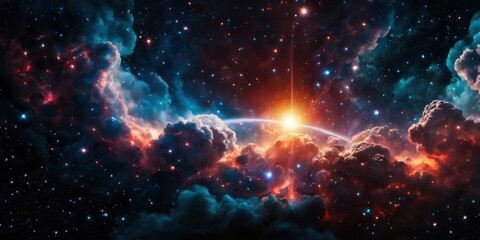 Fototapeta na wymiar Colorful cosmic nebula veiled in space dust, a celestial spectacle. Fantastic space nebula with glowing cosmic clouds on black background. Universe, stars and galaxies clusters of fantastic worlds