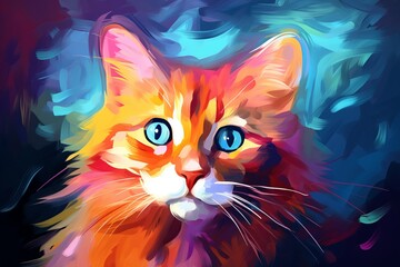 Artistic rendition of a vividly colored cat portrait