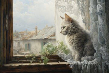 Serene cat observing a rustic rural scene from a window