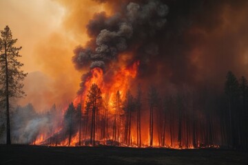 A fire in the forest with thick black smoke.