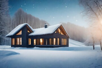 **house in winter - heating system concept and cold snowy wether with model of a house wearing a knitted cap..