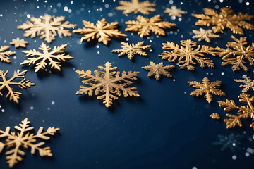 Christmas navy background with snowflakes and gold sequins with copy space