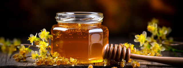 bee honey from linden on a wooden background - obrazy, fototapety, plakaty