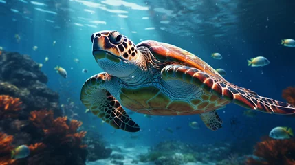 Fotobehang sea turtle in desert with opened door, hyperrealistic texturing, deep blue ocean background, subtle lighting © 1st footage
