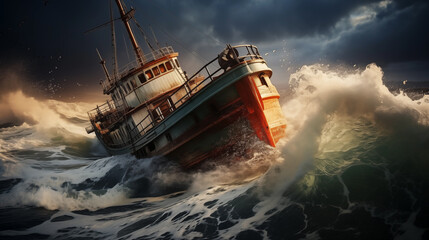 Dramatic photo of a small vintage Fishing trawler through the waves in a storm on a raging ocean - obrazy, fototapety, plakaty