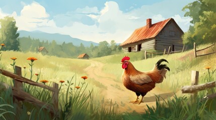 Chickens on a farm. - obrazy, fototapety, plakaty
