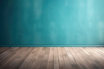 Empty wall blue turquoise and wooden floor with interesting with glare from the window Interior background for the presentation high resolution - obrazy, fototapety, plakaty