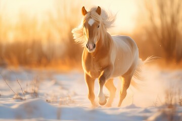 A horse running through the snow at sunset. - obrazy, fototapety, plakaty