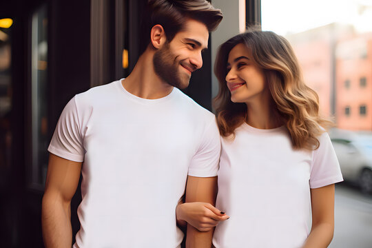 Man and Women wearing blank White T-shirt, Valentine Couple White shirt mockup