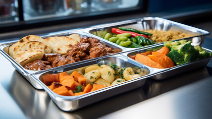 Delivery of business lunches, food in aluminum containers for office workers.
