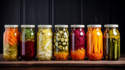 Row of glass jars with canned fermented vegetables. - obrazy, fototapety, plakaty