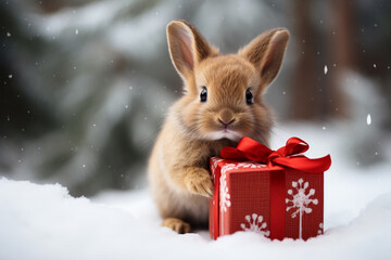 rabbit looking at christmas present, AI Generative.
