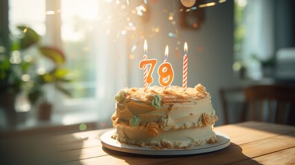 A high-resolution image of a two-tiered birthday cake with number candles, beautifully illuminated by natural sunlight from a nearby window