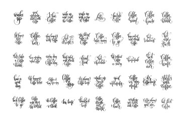 Fototapeta premium set of 50 hand lettering inscription about coffee time, calligraphy vector illustration collection