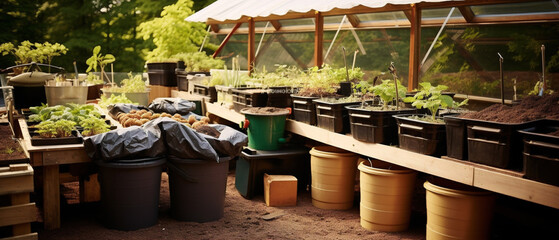 The image displays various composting setups, demonstrating the reduction of organic waste through recycling.